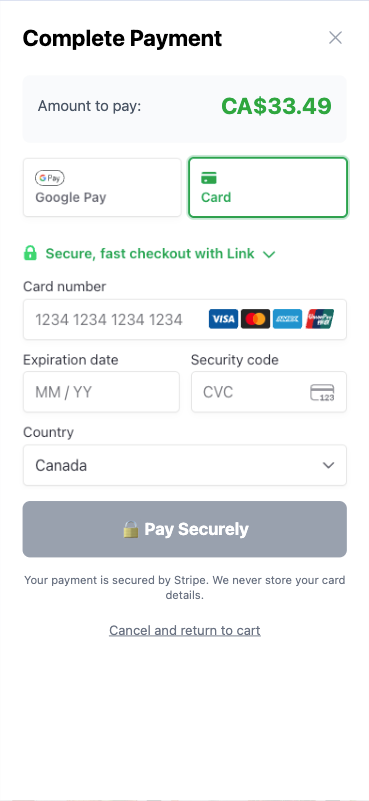Mobile view of the secure online checkout